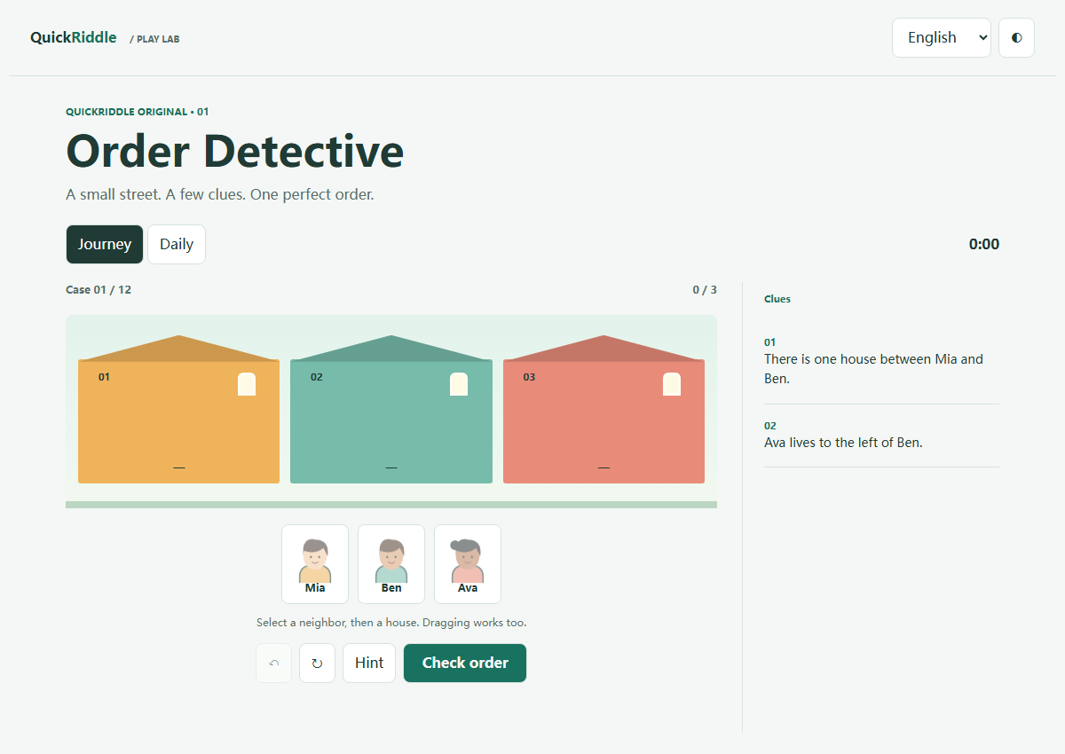 Order Detective game showing illustrated neighbors, numbered houses and written logic clues